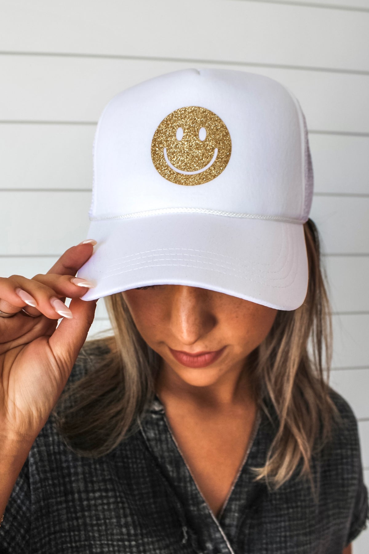 Stay Golden Smiley Trucker Hat • White