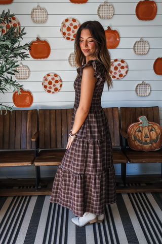 Fireside Plaid Smocked Midi • Dark Chocolate