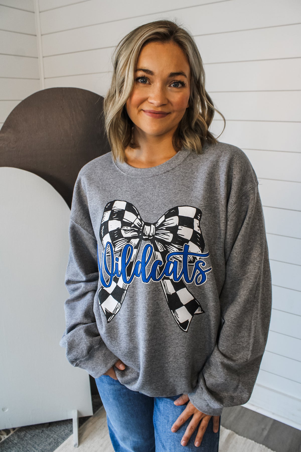 Checkered Bow Wildcats Graphic Sweatshirt • Heather Grey