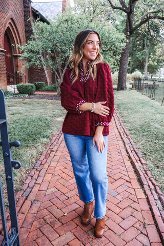 Texture & Trim Jacquard Top • Burgundy