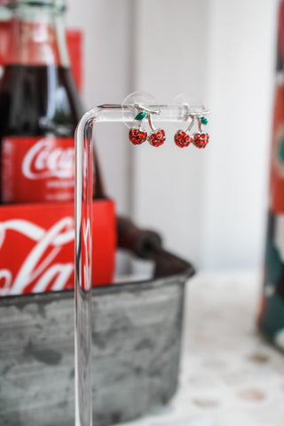Sweet Cherry Sparkle Stud Earrings • Red