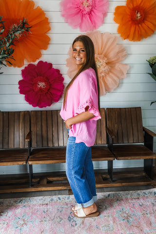 Carmen Crochet Sleeve Top • Pink