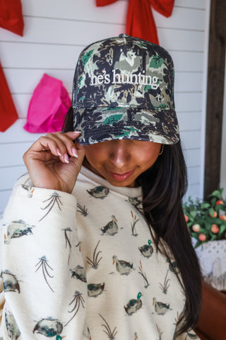 He’s Hunting Camo Print Trucker Hat