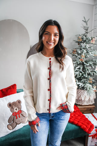Christmas Core Plaid Trim Cardigan • Cream
