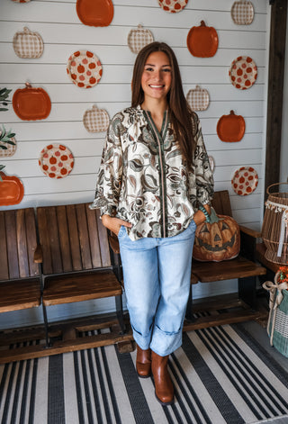 Autumn Woods Velvet Trim Top • Olive