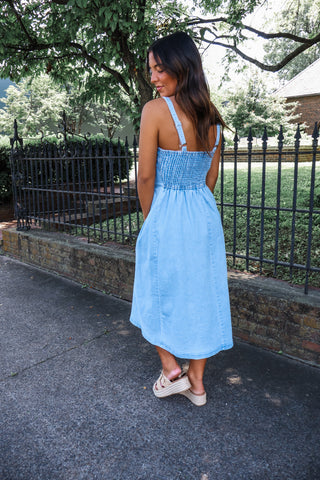 Denim Sweetheart Pleated Midi • Light Wash