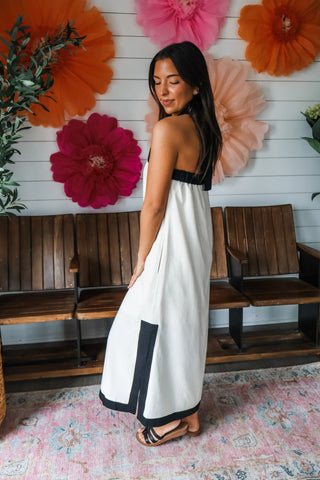 Chic Contrast Halter Linen Midi • Natural