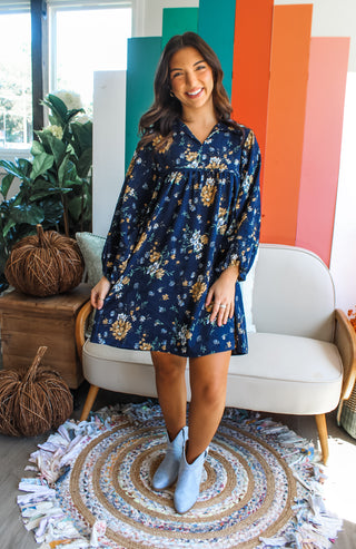 Fall’s Finest Floral Corduroy Dress • Navy