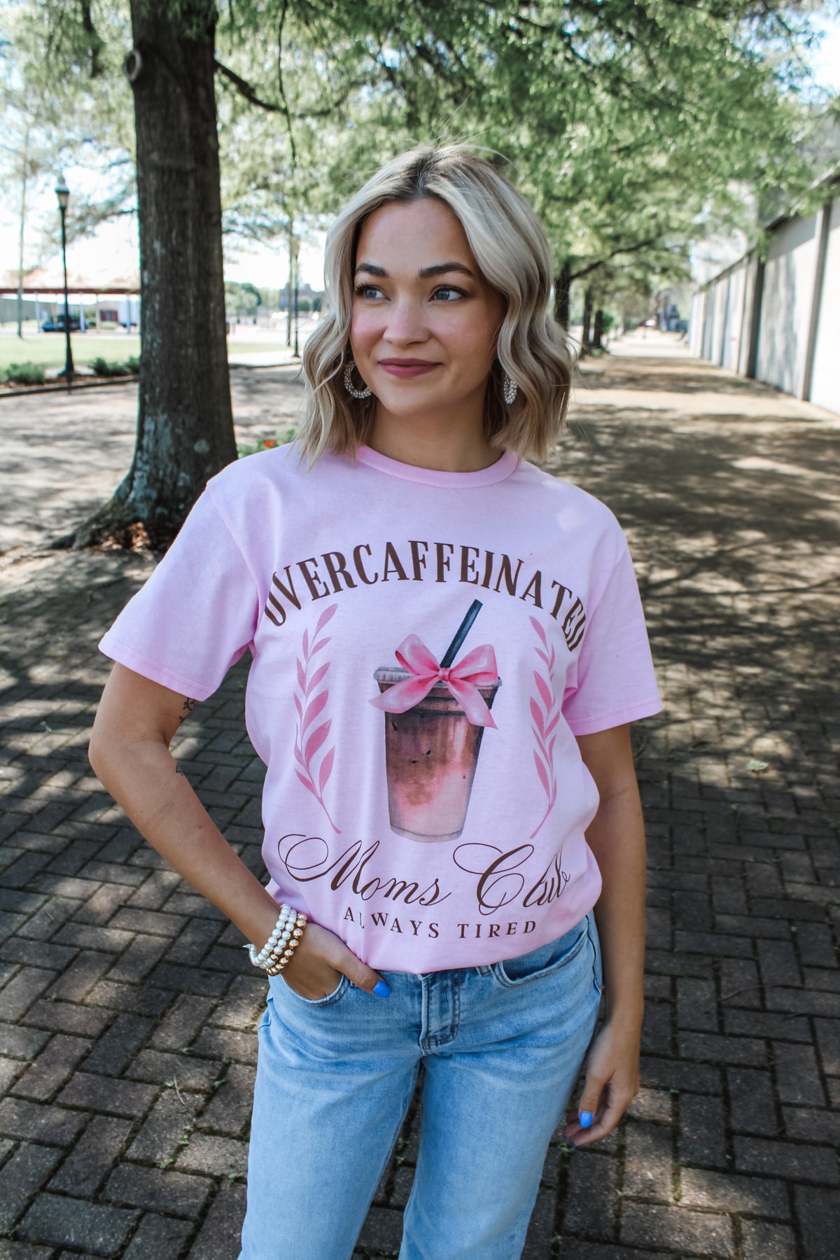 Overcaffeinated Moms Club Graphic Tee • Pink