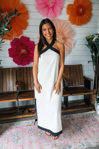 Chic Contrast Halter Linen Midi • Natural