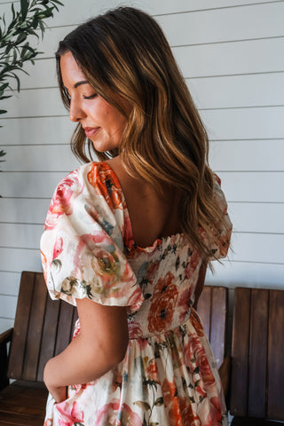 Rose Garden smocked midi dress • cream floral