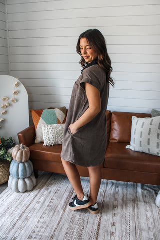 Set The Tone Twill Suede Dress • Ash Mocha