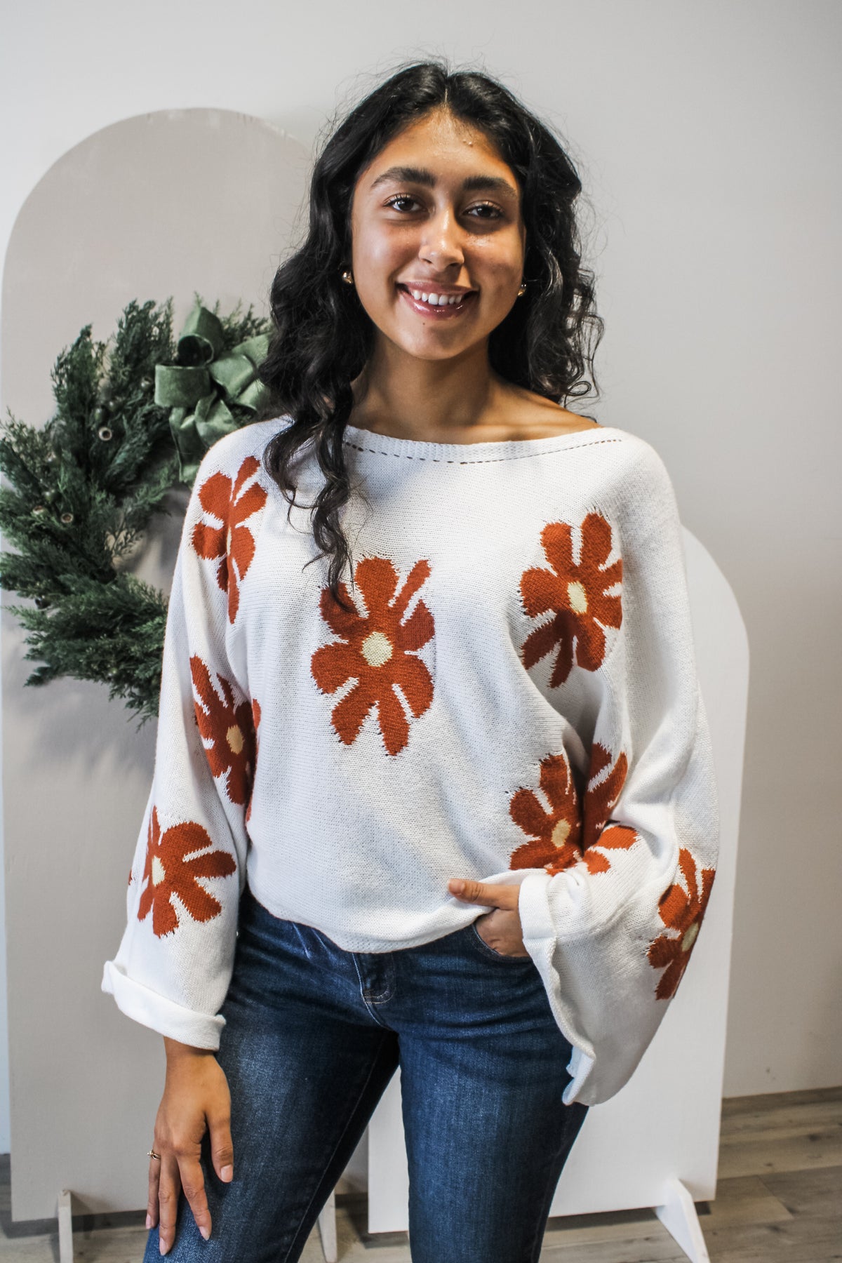 Beautiful & Blessed Flower Sweater • White