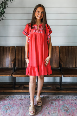Island Sunsets Embroidered Dress • Coral