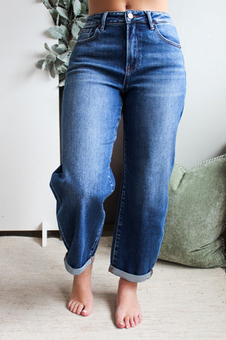 Jade High Rise Barrel Leg • Dark Wash