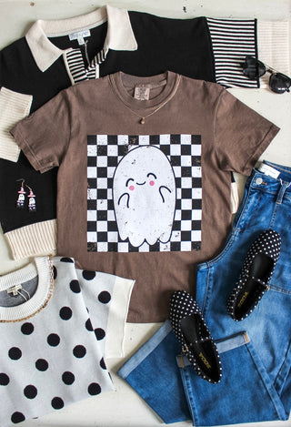 Friendly Ghost Checkerboard Graphic Tee • Mocha