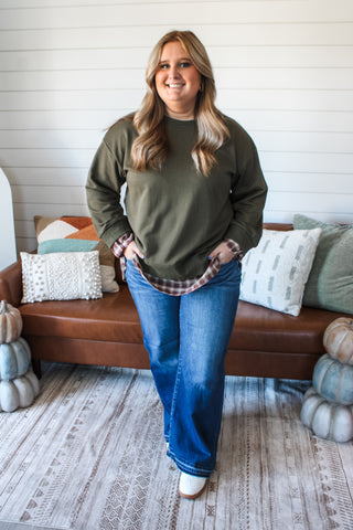 Country Cutie Plaid Pullover • Olive
