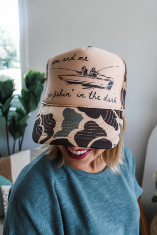 Fishin’ In The Dark Trucker Hat • Camo/Tan