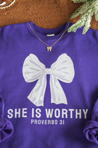 She Is Worthy Graphic Sweatshirt • Purple