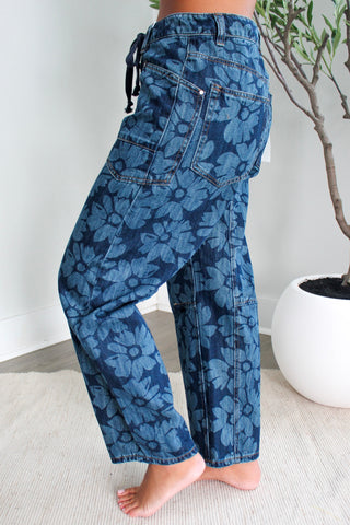 Ainslee Floral Print Barrel Jean • Dark Wash