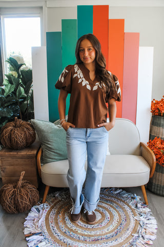 Falling Leaves Embroidered Top • Brown - FINAL SALE