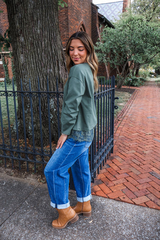 Elegant Edge Lace Hem Pullover • Moss