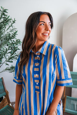 Striped In Style Pocket Dress • Blue/Tan