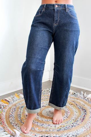 Rocelyn Pinstripe Barrel Jean • Dark Wash