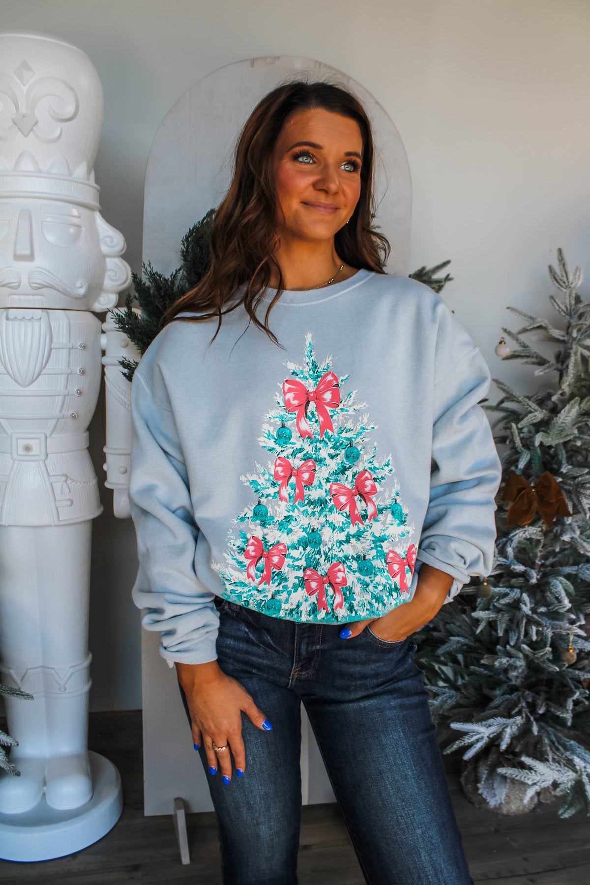 Festive Bow Christmas Tree Sweatshirt • Light Sage