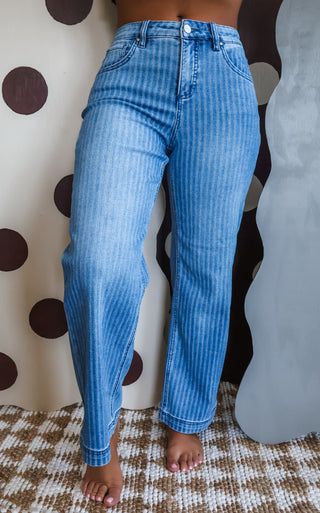 Isabella Pinstripe Straight | Tummy Control • Medium Wash
