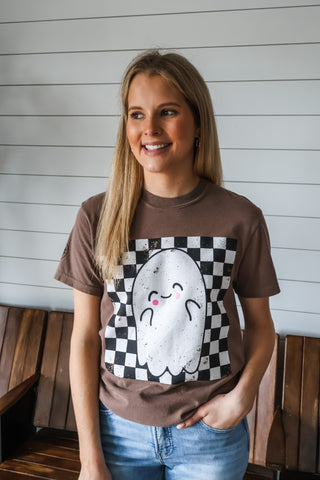 Friendly Ghost Checkerboard Graphic Tee • Mocha
