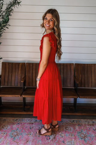 Beautiful Bliss Ruffle Midi • Red