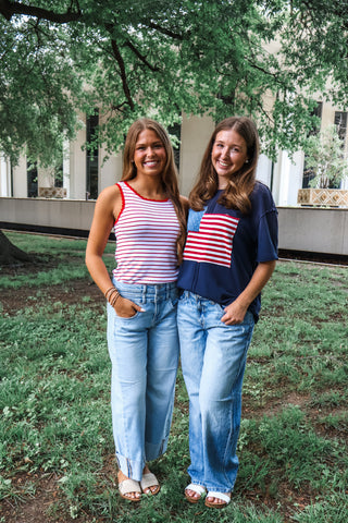 Patriotic Note Patchwork Top • Navy