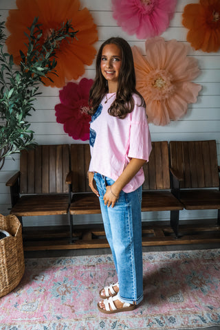 Denim Daisy Patchwork Top • Pink