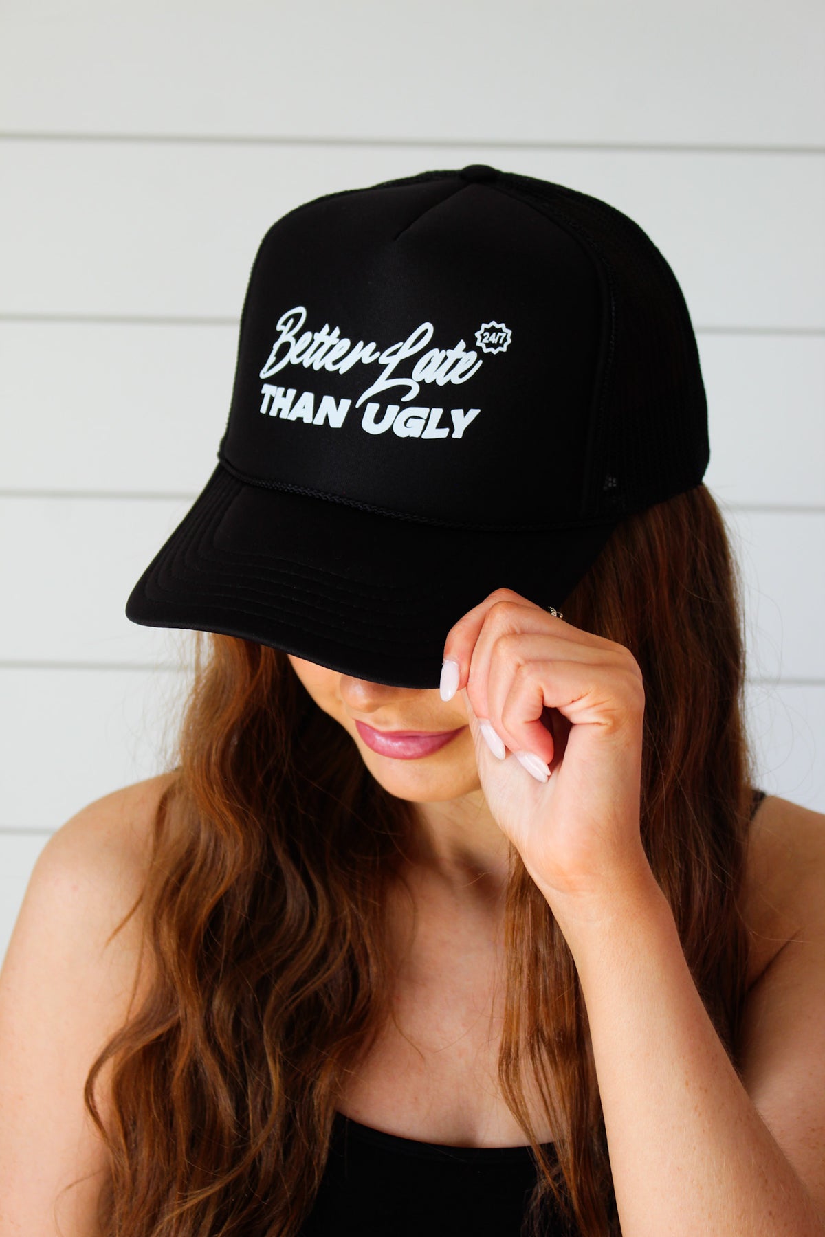 Better Late Than Ugly Trucker Hat • Black