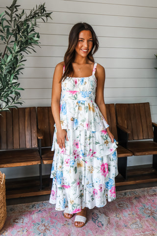 Precious Petals Ruffle Midi • White Floral - FINAL SALE