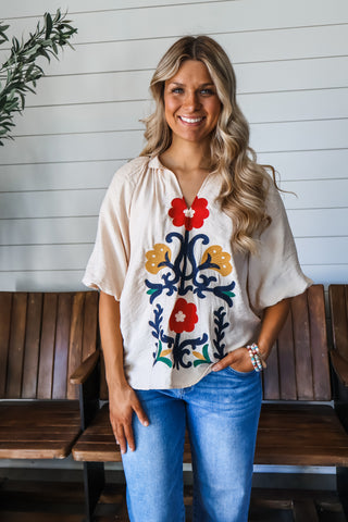 Heirloom Floral Embroidered Top • Cream