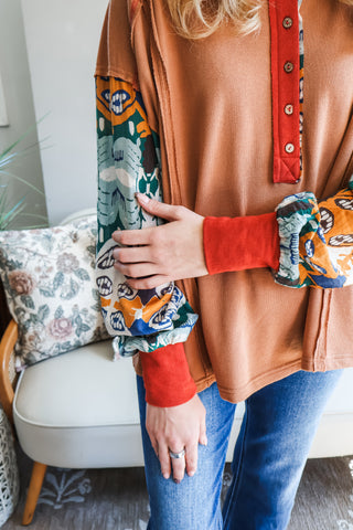 Fall Frenzy 15 • Printed Sleeve Henley Top - FINAL SALE