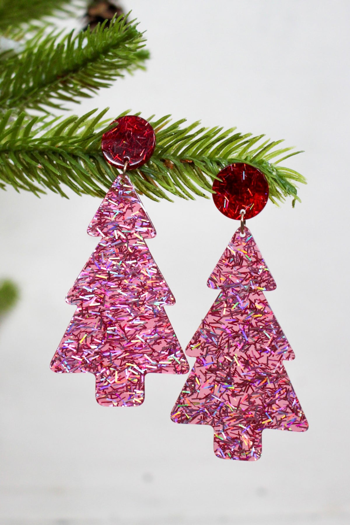 O Christmas Tree Acrylic Earrings • Pink