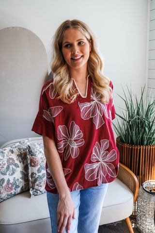 Fall Frenzy 27 • Wine Floral Embroidered Top - FINAL SALE
