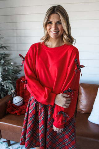 Mistletoe Memories Bow Sleeve Dress • Red Plaid