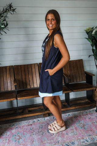Blooming Blues Embroidered Dress • Navy