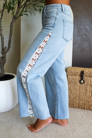 Ariana Floral Lace Wide Leg • Light Wash