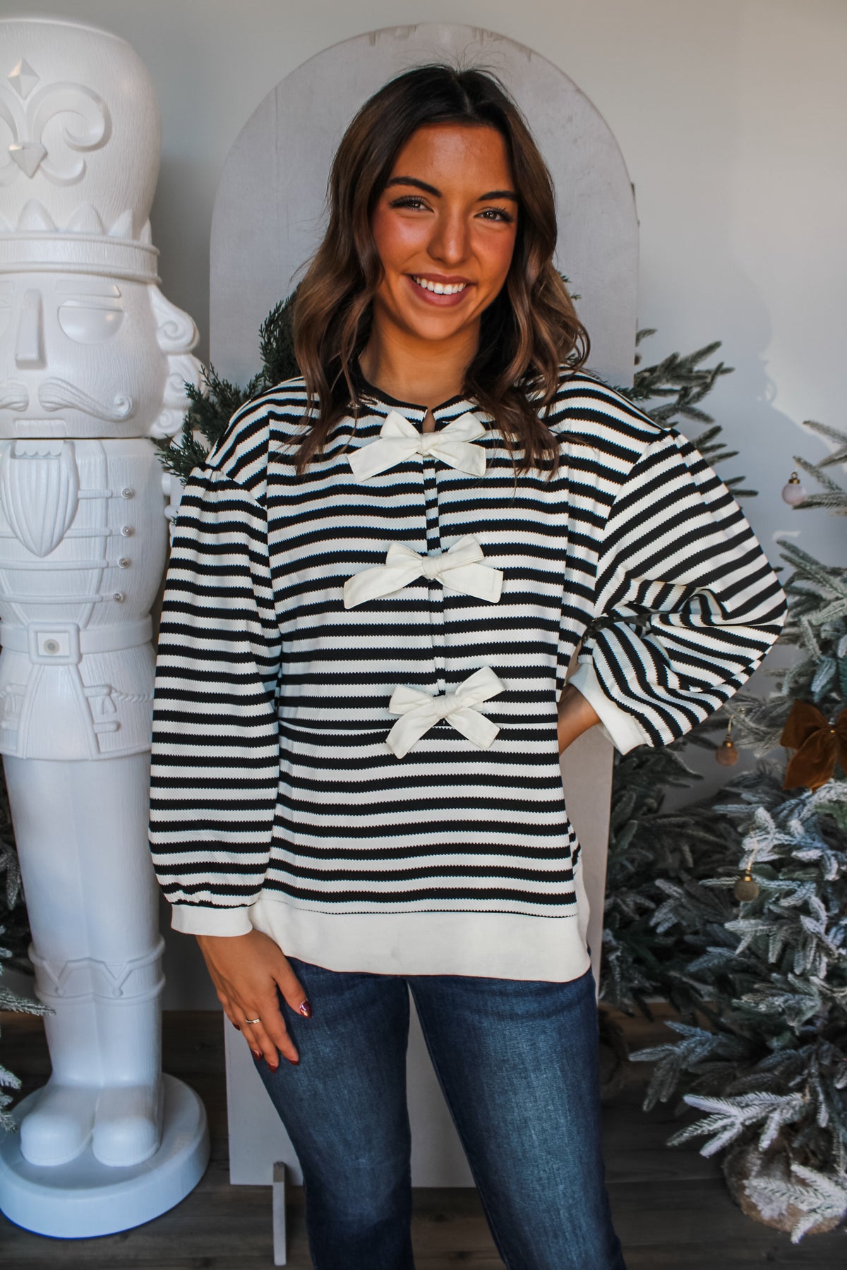 Holiday Wishes Bow Top • Black Stripe