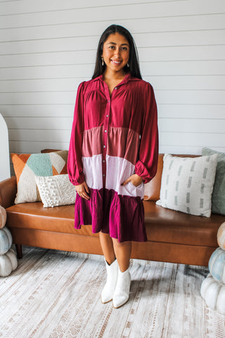 Twirl Around Ruffle Dress • Wine Multi