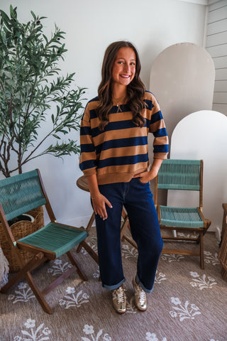 Sunday Striped Crewneck • Caramel/Navy