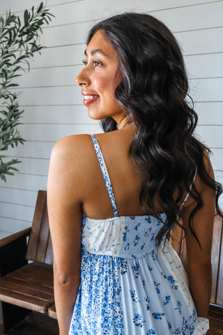Feminine Frills Ruffle Midi • Blue Floral
